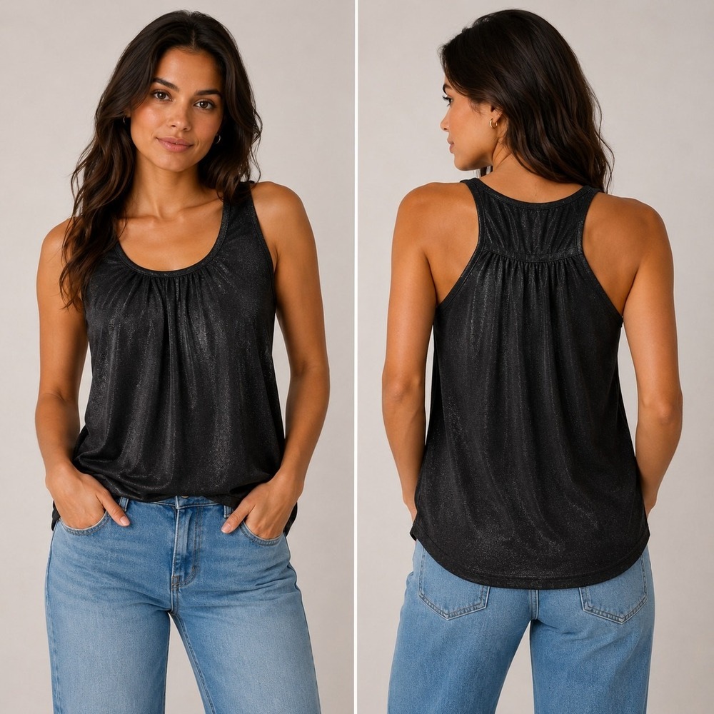 Banana Republic Black Shimmer Ruched Racerback Tank‎ Top M Minimalist